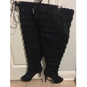 Ashley Stewart Black Thigh High Zip & Tie Boots